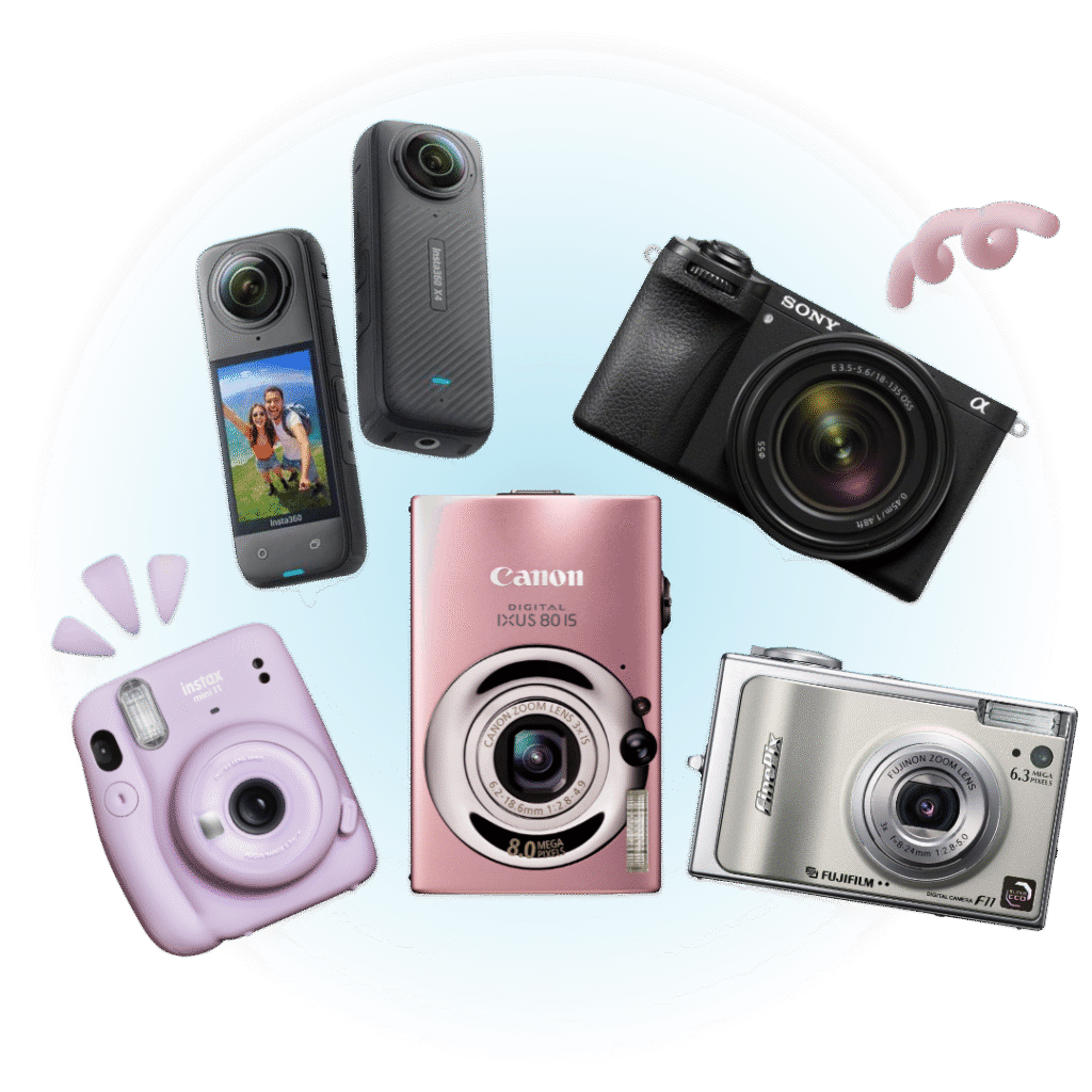 กล้องให้เช่าในเชียงใหม่ เช่น Sony Alpha a6400, Canon IXUS 80 IS, Fujifilm FinePix F11, Instax Mini 11 และ Insta360 One X2